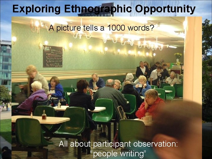 Exploring Ethnographic Opportunity A picture tells a 1000 words? All about participant observation: “people