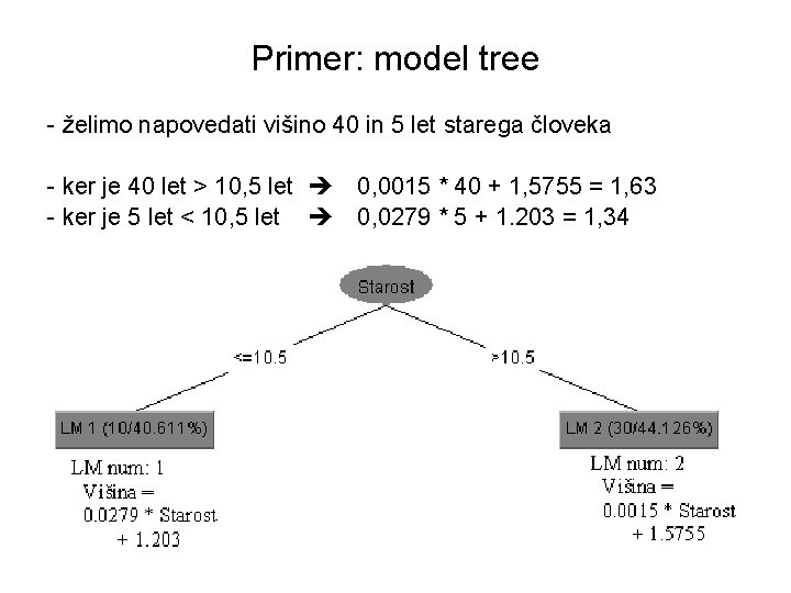 Primer: model tree - želimo napovedati višino 40 in 5 let starega človeka -