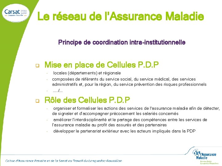 Le réseau de l’Assurance Maladie Principe de coordination intra-institutionnelle q Mise en place de