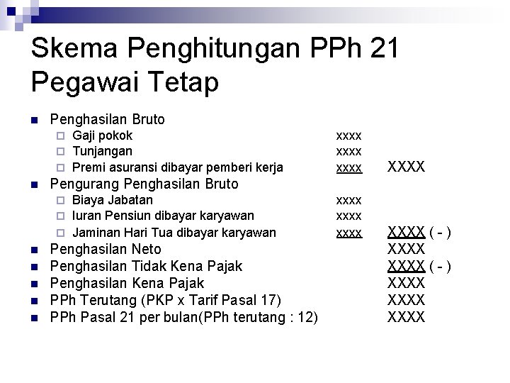 Skema Penghitungan PPh 21 Pegawai Tetap n Penghasilan Bruto Gaji pokok Tunjangan ¨ Premi