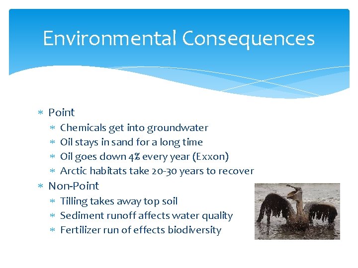 Environmental Consequences Point Chemicals get into groundwater Oil stays in sand for a long