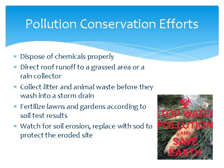 Pollution Conservation Efforts Dispose of chemicals properly Direct roof runoff to a grassed area