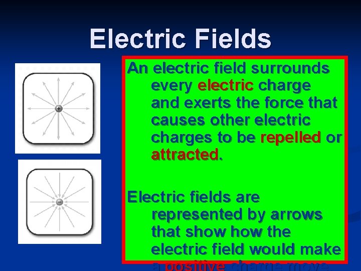 Electric Fields An electric field surrounds every electric charge and exerts the force that