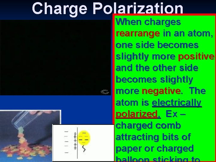 Charge Polarization When charges rearrange in an atom, one side becomes slightly more positive