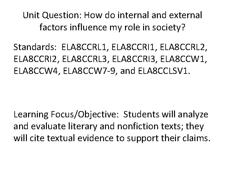 Unit Question: How do internal and external factors influence my role in society? Standards: