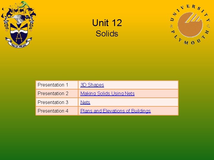 Unit 12 Solids Presentation 1 3 D Shapes Presentation 2 Making Solids Using Nets Unit 12 Solids Presentation 1 3 D Shapes Presentation 2 Making Solids Using Nets