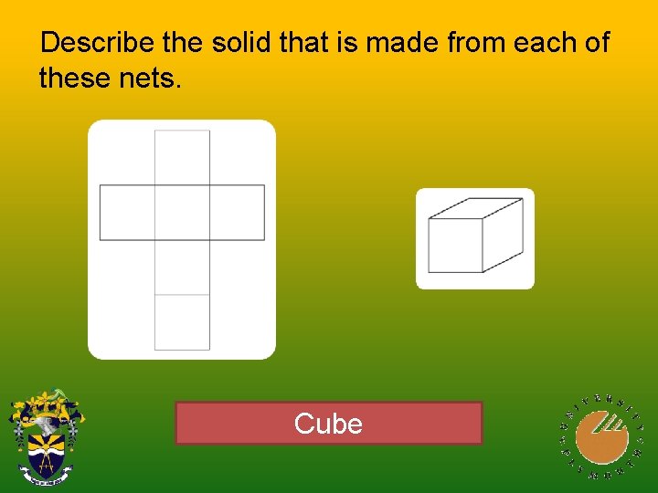 Describe the solid that is made from each of these nets. Cube Describe the solid that is made from each of these nets. Cube