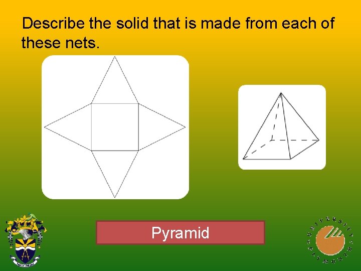 Describe the solid that is made from each of these nets. Pyramid Describe the solid that is made from each of these nets. Pyramid
