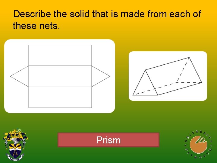 Describe the solid that is made from each of these nets. Prism Describe the solid that is made from each of these nets. Prism