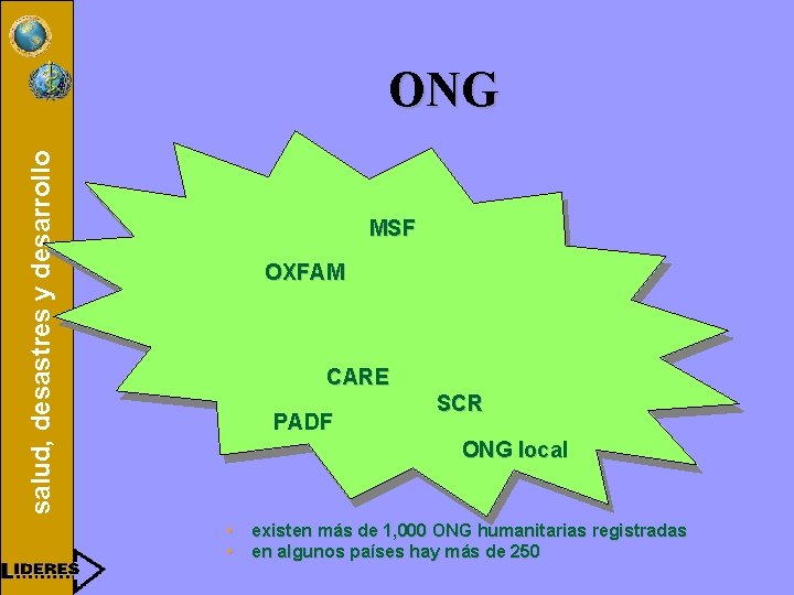 salud, desastres y desarrollo ONG MSF OXFAM CARE PADF SCR ONG local • existen