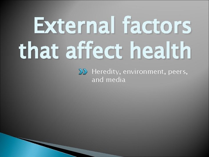 External factors that affect health Heredity, environment, peers, and media 