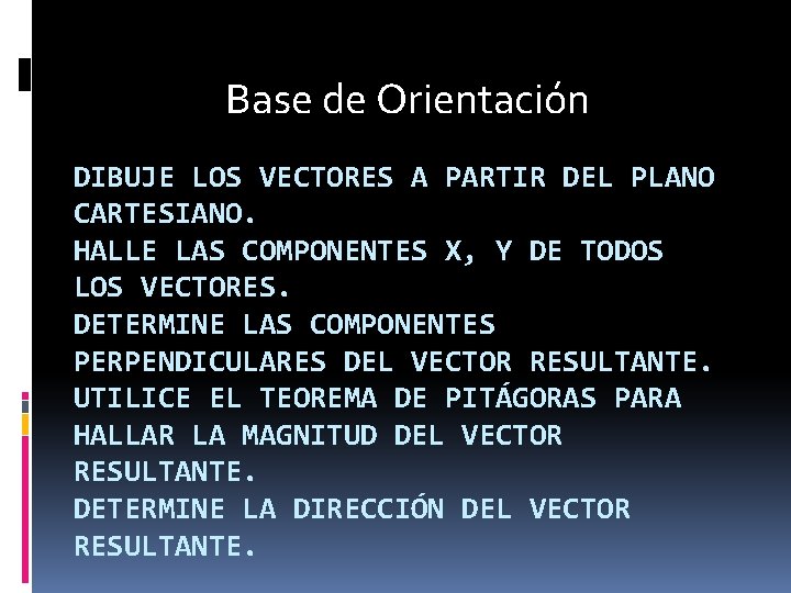 Base de Orientación DIBUJE LOS VECTORES A PARTIR DEL PLANO CARTESIANO. HALLE LAS COMPONENTES