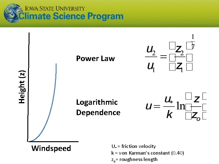Height (z) Power Law Logarithmic Dependence Windspeed U* = friction velocity k = von