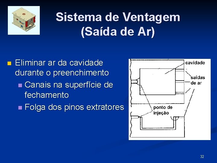 Sistema de Ventagem (Saída de Ar) n Eliminar ar da cavidade durante o preenchimento