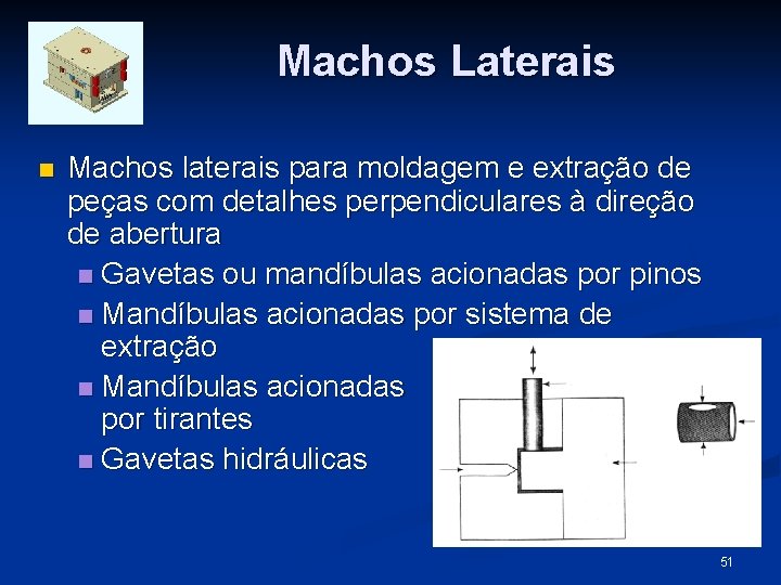 Machos Laterais n Machos laterais para moldagem e extração de peças com detalhes perpendiculares
