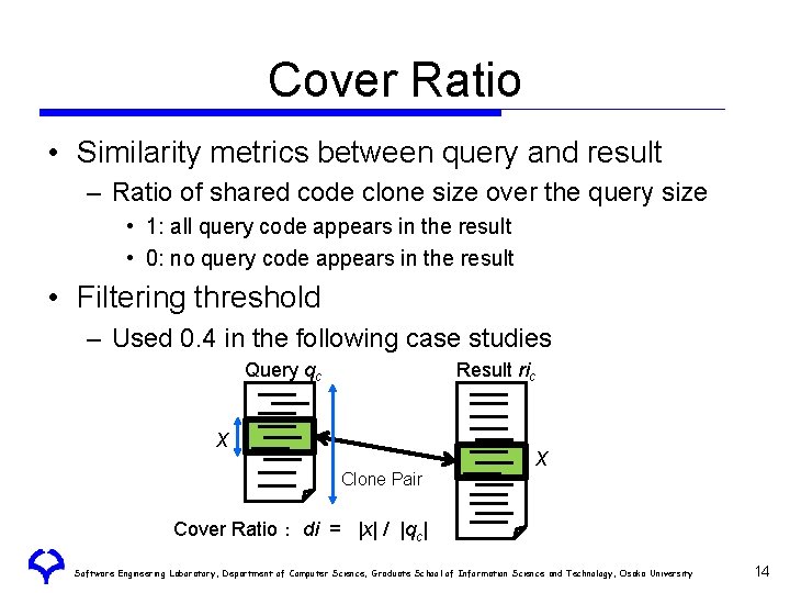 Cover Ratio • Similarity metrics between query and result – Ratio of shared code Cover Ratio • Similarity metrics between query and result – Ratio of shared code