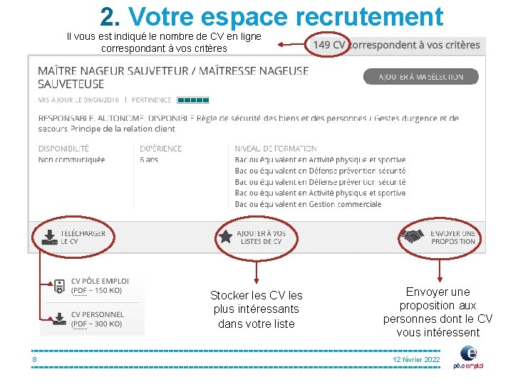 2. Votre espace recrutement Il vous est indiqué le nombre de CV en ligne