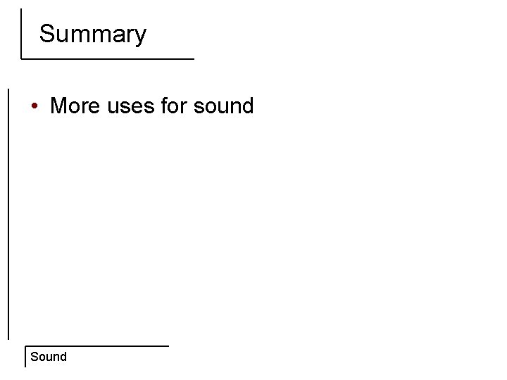 Summary • More uses for sound Sound 