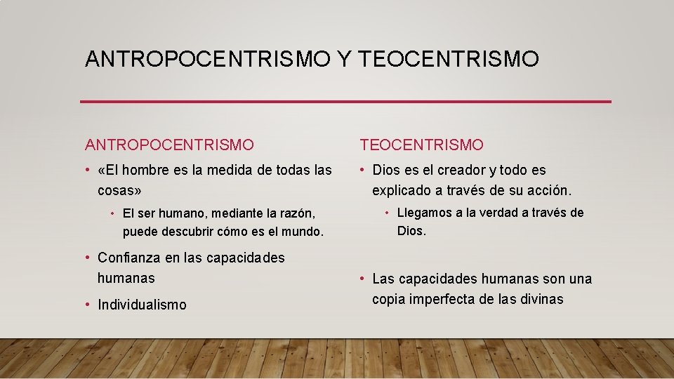 ANTROPOCENTRISMO Y TEOCENTRISMO ANTROPOCENTRISMO TEOCENTRISMO • «El hombre es la medida de todas las