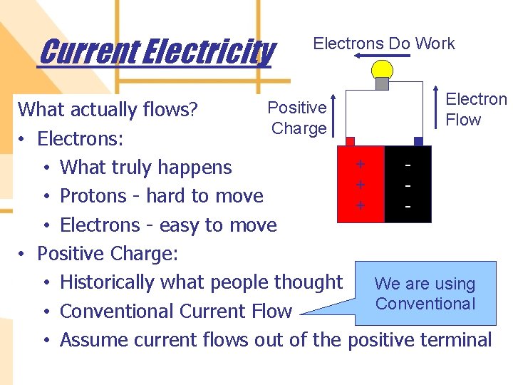 Current Electricity Electrons Do Work Electron Flow What actually flows? • Electrons: + •