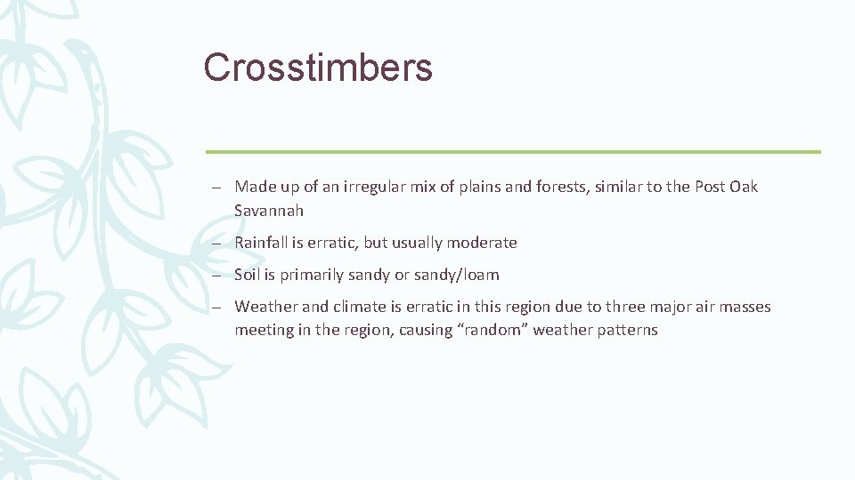 Crosstimbers – Made up of an irregular mix of plains and forests, similar to