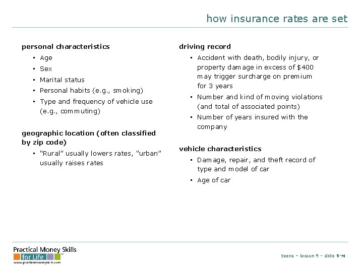 how insurance rates are set personal characteristics • Age • Sex • Marital status