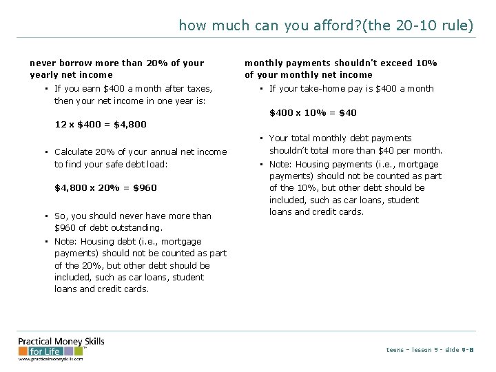 how much can you afford? (the 20 -10 rule) never borrow more than 20%