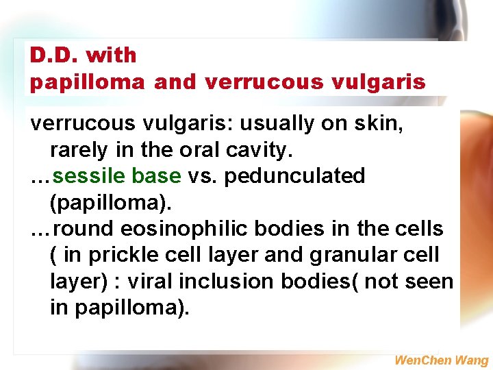 D. D. with papilloma and verrucous vulgaris: usually on skin, rarely in the oral