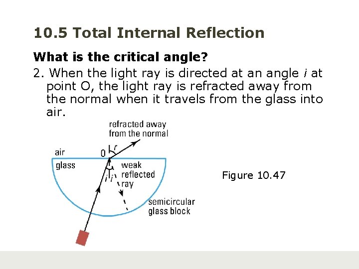 10. 5 Total Internal Reflection What is the critical angle? 2. When the light