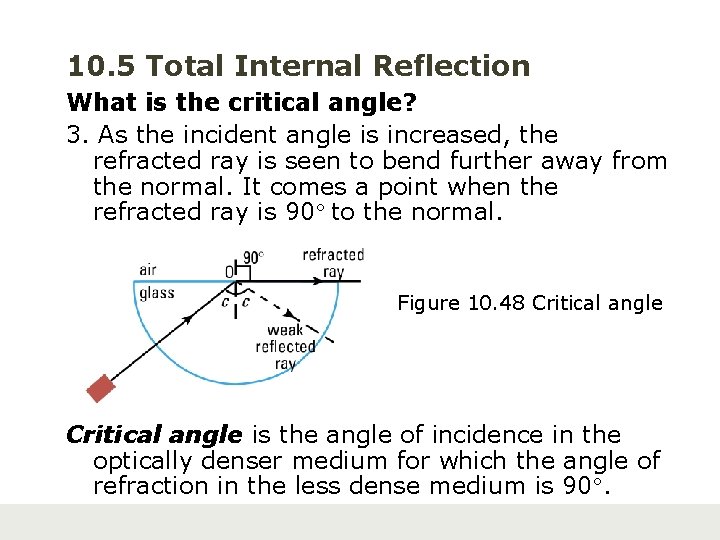 10. 5 Total Internal Reflection What is the critical angle? 3. As the incident