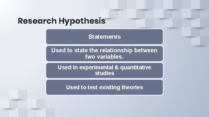 Research Hypothesis Statements Used to state the relationship between two variables. Used in experimental Research Hypothesis Statements Used to state the relationship between two variables. Used in experimental