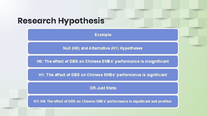 Research Hypothesis Example Null (H 0) and Alternative (H 1) Hypotheses H 0: The Research Hypothesis Example Null (H 0) and Alternative (H 1) Hypotheses H 0: The