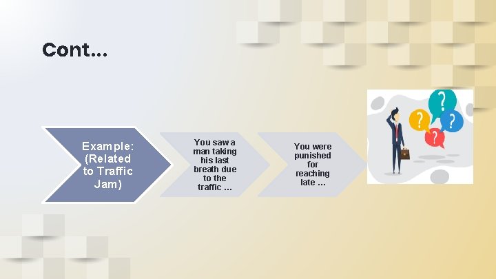 Cont… Example: (Related to Traffic Jam) You saw a man taking his last breath Cont… Example: (Related to Traffic Jam) You saw a man taking his last breath