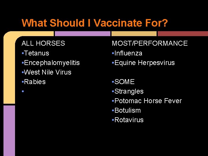 What Should I Vaccinate For? ALL HORSES • Tetanus • Encephalomyelitis • West Nile