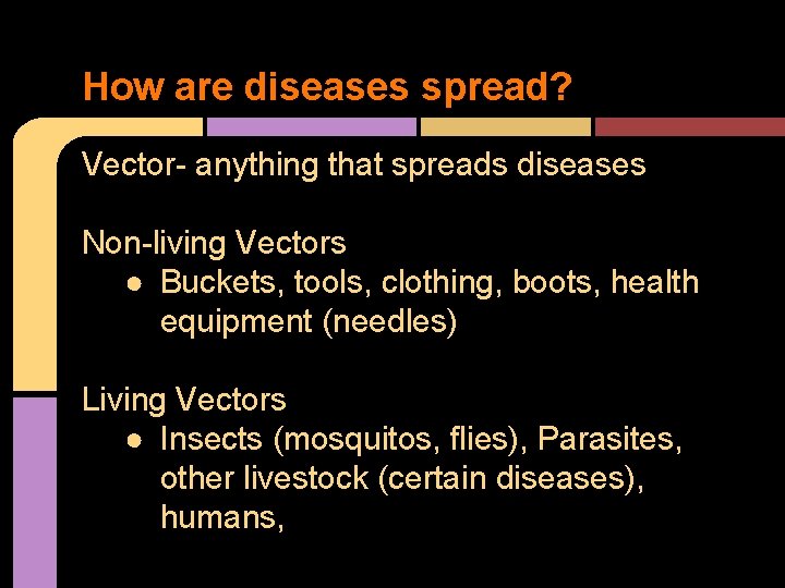 How are diseases spread? Vector- anything that spreads diseases Non-living Vectors ● Buckets, tools,