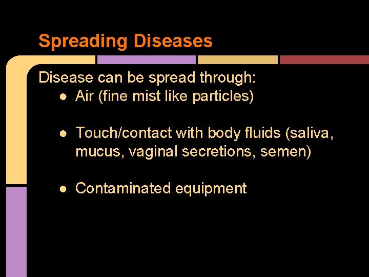 Spreading Diseases Disease can be spread through: ● Air (fine mist like particles) ●