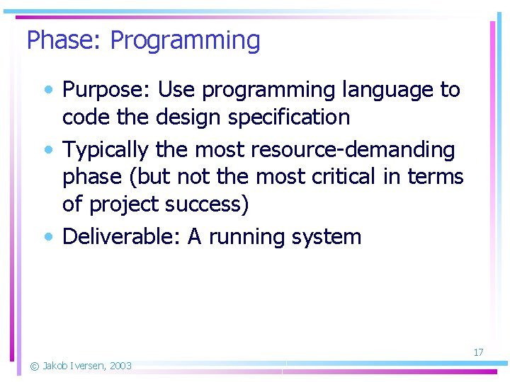 Phase: Programming • Purpose: Use programming language to code the design specification • Typically