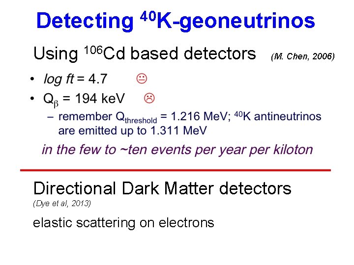 Detecting 40 K-geoneutrinos Using 106 Cd based detectors (M. Chen, 2006) Directional Dark Matter