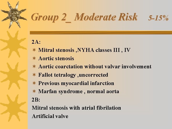 Group 2_ Moderate Risk 5 -15% 2 A: ¬ Mitral stenosis , NYHA classes