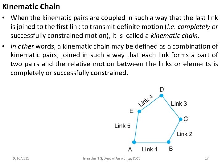 Kinematic Chain • When the kinematic pairs are coupled in such a way that