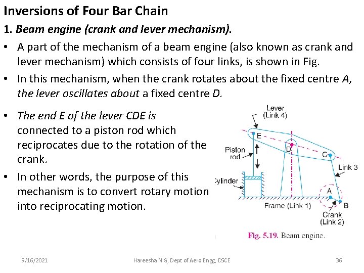 Inversions of Four Bar Chain 1. Beam engine (crank and lever mechanism). • A