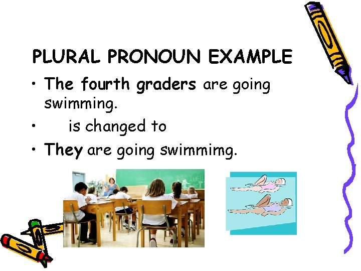 PLURAL PRONOUN EXAMPLE • The fourth graders are going swimming. • is changed to
