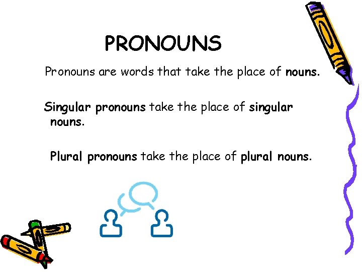 PRONOUNS Pronouns are words that take the place of nouns. Singular pronouns take the