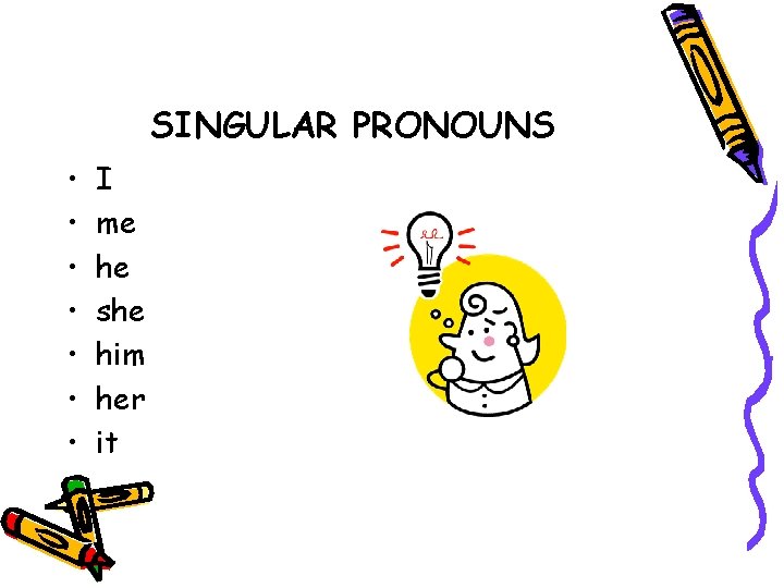 SINGULAR PRONOUNS • • I me he she him her it 