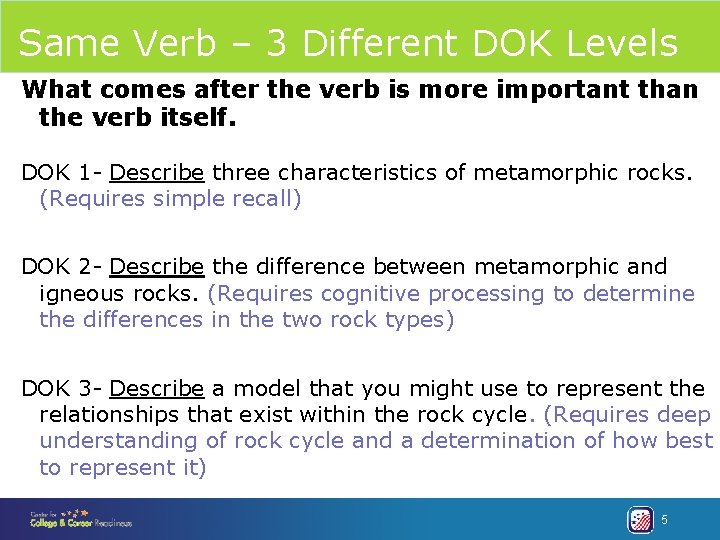 Same Verb – 3 Different DOK Levels What comes after the verb is more