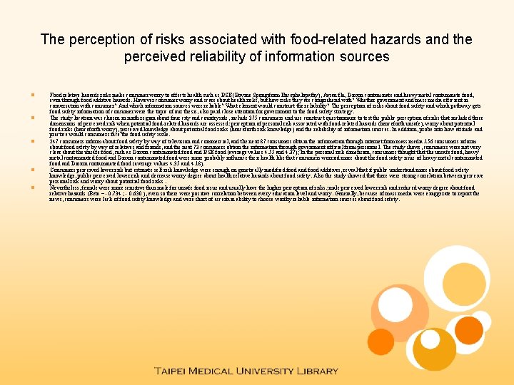 The perception of risks associated with food-related hazards and the perceived reliability of information