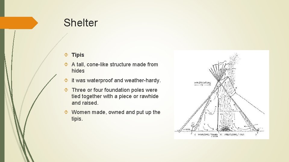 Shelter Tipis A tall, cone-like structure made from hides it was waterproof and weather-hardy.