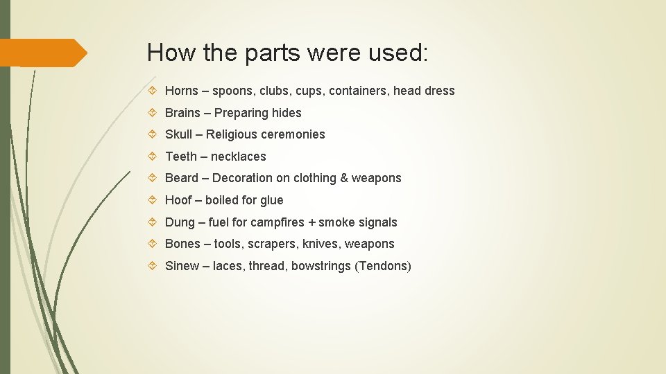 How the parts were used: Horns – spoons, clubs, cups, containers, head dress Brains