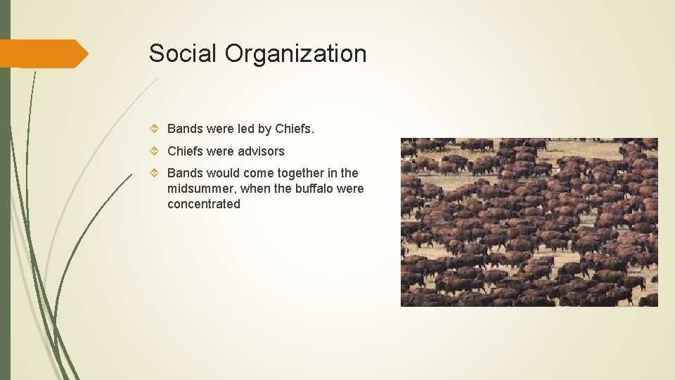 Social Organization Bands were led by Chiefs were advisors Bands would come together in