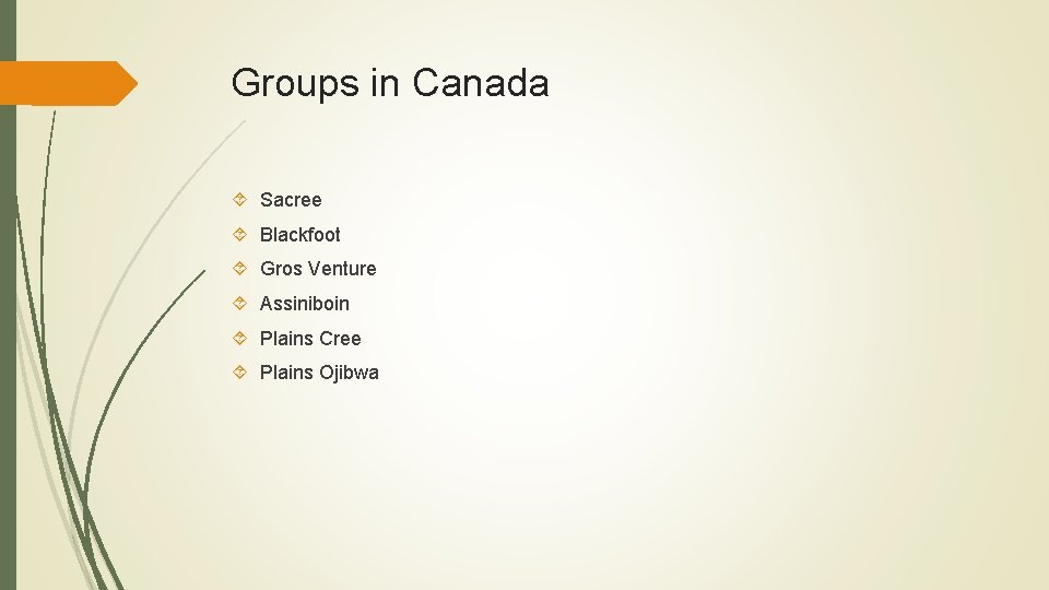 Groups in Canada Sacree Blackfoot Gros Venture Assiniboin Plains Cree Plains Ojibwa 